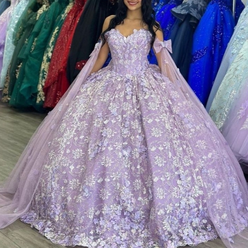 Luxury Glittering Lavender Quinceanera Dresses With Cape Sequin Applique Lace Flower Bow Beads Birthday Party Vestidos De 15 Anos Sweet 16 Dress
