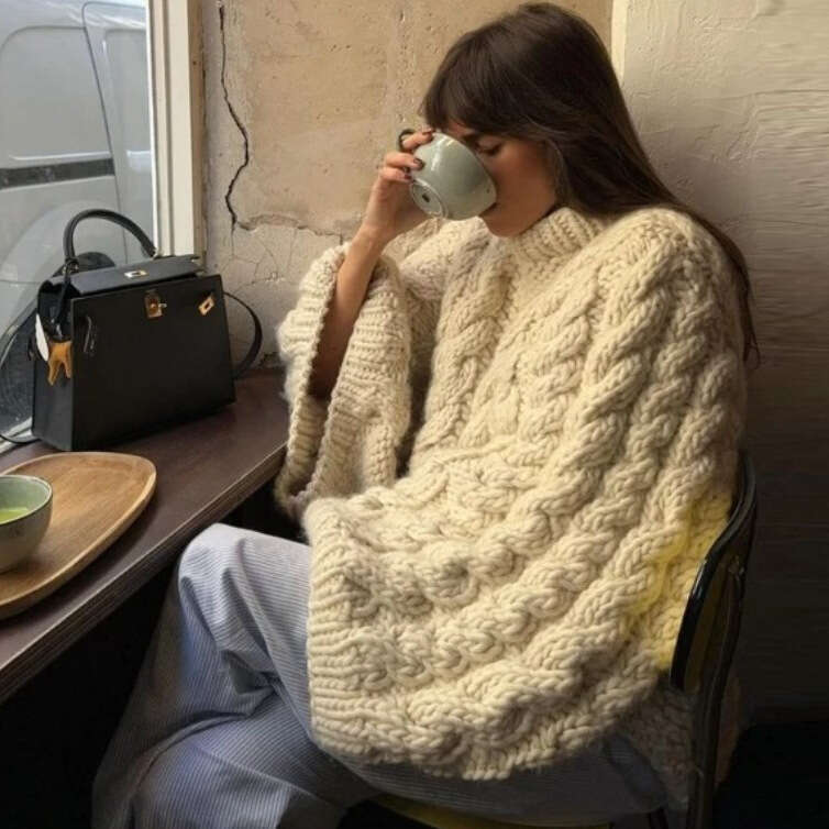 Ins American Knitted Hoodie Women's Casual Lazy Round Neck Solid Color Loose Versatile Sleeve Sweater