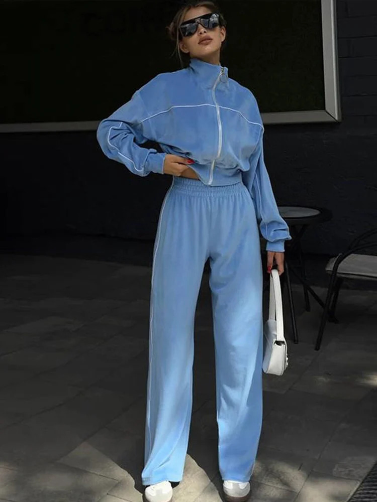 Sports patch loose pants set womens casual long sleeved zipper holder collar short top wide leg Trousers womens elastic set 250320