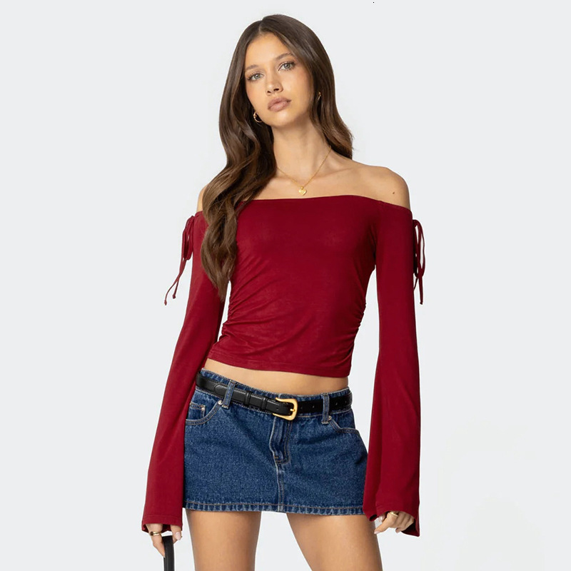 2025S Fashion Designer Q TP Women S Autumn Winter One Word Collar Bow Tie Shrink Fold Short Open Umbilical Top T Shirt