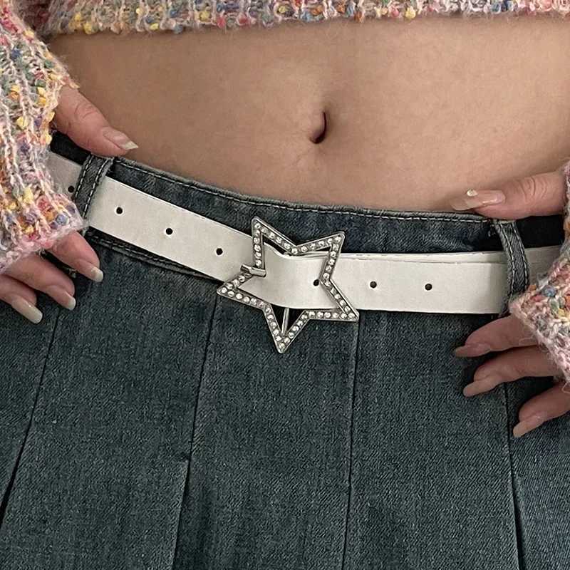 Y2K Womens Spicy Girl with Pink Black White Denim Star PU Leather Rhinestone Belt Ins Sweet Cool Tight Jeans Belt W250326