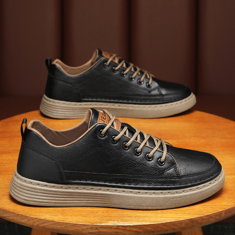 2025S New Trend Designer Spring New Breathable Waterproof Anti Slip Men S Korean Style Trendy And Versatile Black Leather Shoes Casual Board Shoes