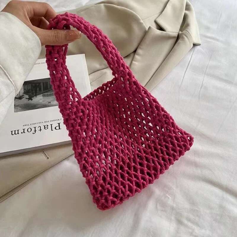 Summer Hand Woven Tote Bags Crochet Beach Shoulder Hollow Out Handbag Ladies Knitting Straw Rope Underarm Bag