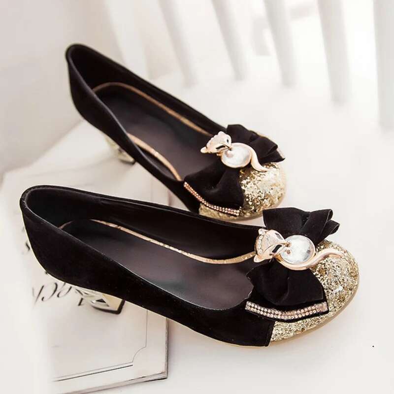 Crystal Low Heels Casual Women's Pumps Round toe Sweet Bow-tied Black Pink Blue Heeled Wedding Party Shoes Ladies