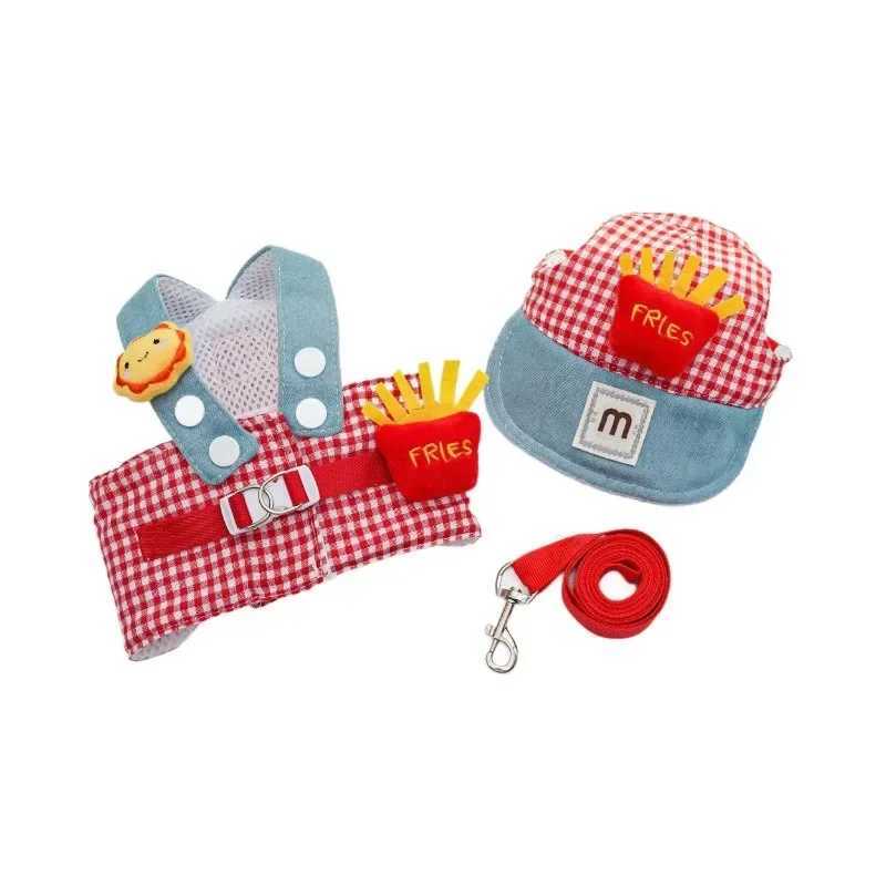 1 set of Fries Pet Harness drawstring Pet steel wire rope cute hat three piece puppy costume outdoor drawstring X250326