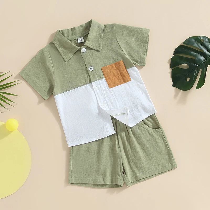 Boys Summer Fashion Set with Short Sleeve Pocket Shirt and Solid Color Shorts Turn-Down Collar Outfit for Kids 2-Piece Suit 250325