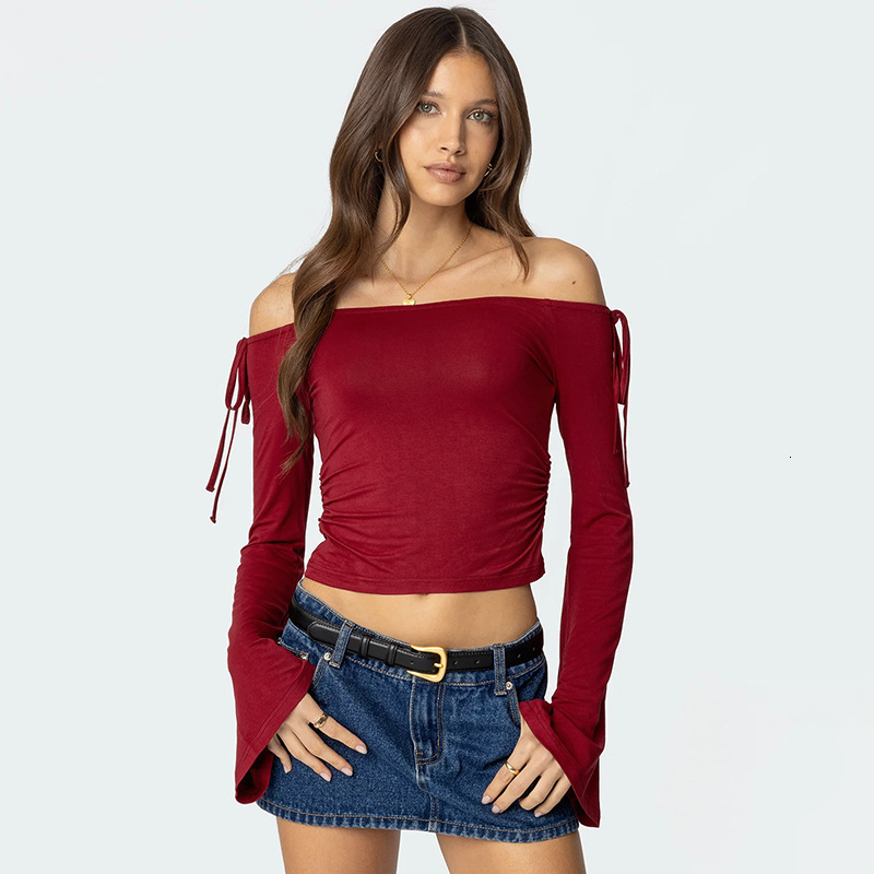 2025S Fashion Designer Q TP Women S Autumn Winter One Word Collar Bow Tie Shrink Fold Short Open Umbilical Top T Shirt
