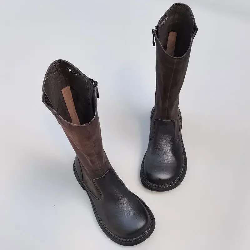 Knee High Knightly Real Genuine Leather Wide Head Women's Boots British Cowhide Fat Zipper Single Autumn Winter Shoes