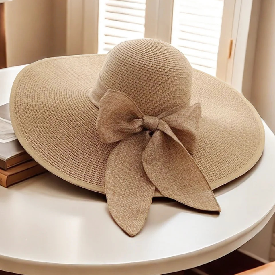 Summer Beach Vacation Big Hat Brim Beach Sunscreen Hat For Women Fashionable and Versatile Bow Ribbon Straw Hat 250326