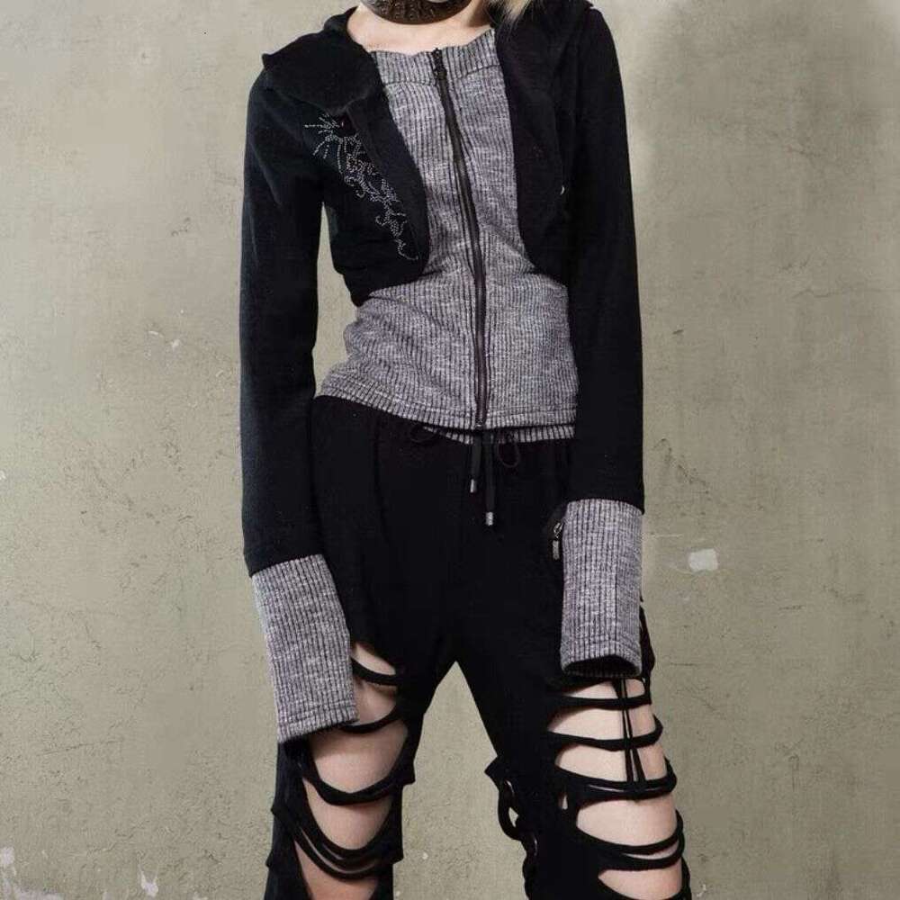 Autumn New Hooded Autumn Knitted Y2k Top Niche Punk Slim Fit Cardigan Long Sleeved Patchwork Sweatshirt