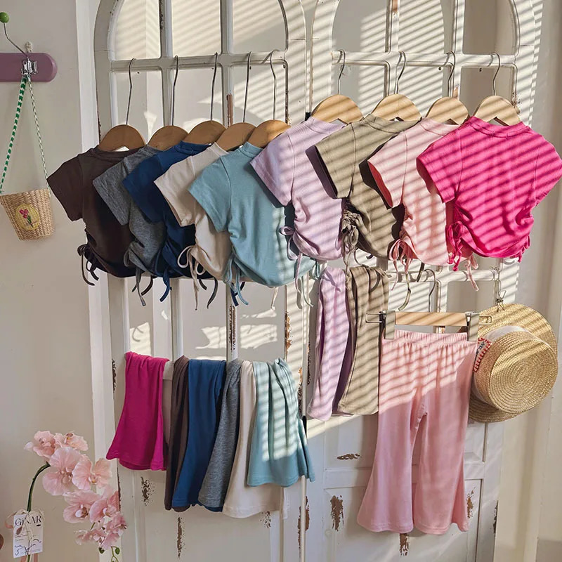 UNITIM Summer Kids Girls 2PCS Clothes Set Solid Cotton Thin Drawstring T-shirts Flared Pants Suit Toddler Girl Outfits 250325