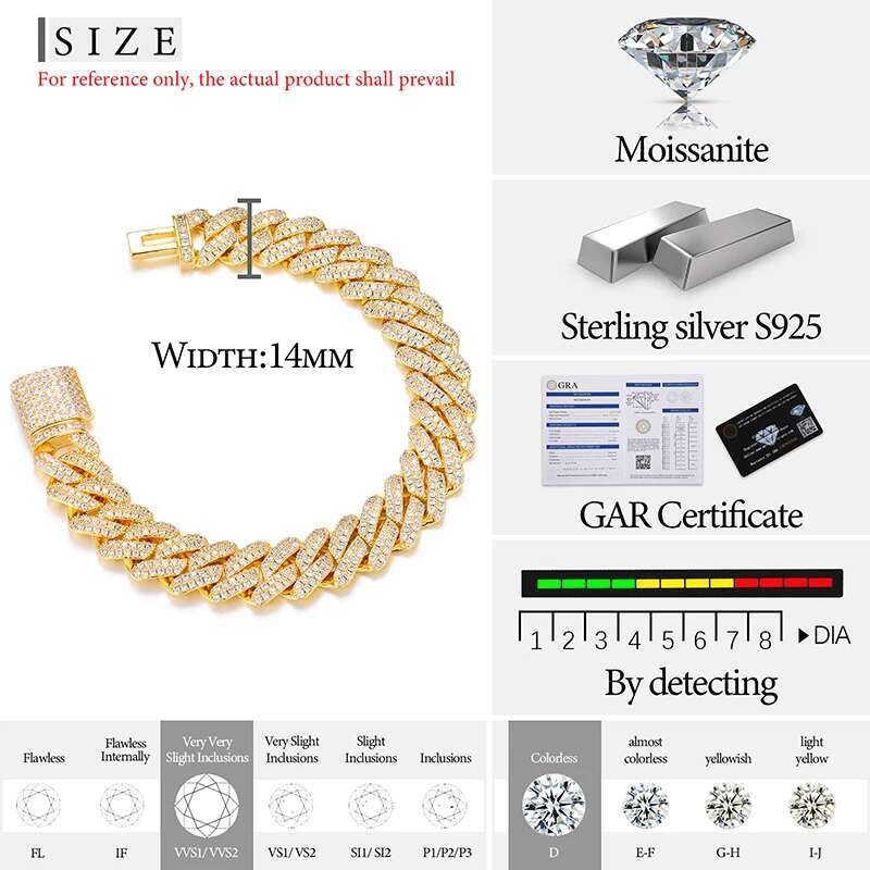 Fine Jewelry 14mm Cuban Link Chain Moissanite Bracelet For Men 925 Silver Hip Hop Jewelry