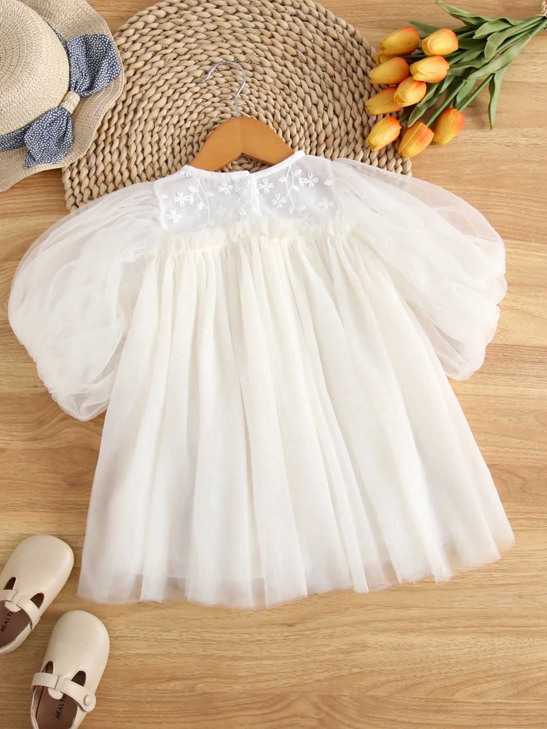The charming girl Par is wearing a chic fluffy sleeve dress made of sheer fabric perfect for birthday celebrations and childrens dresses W250326