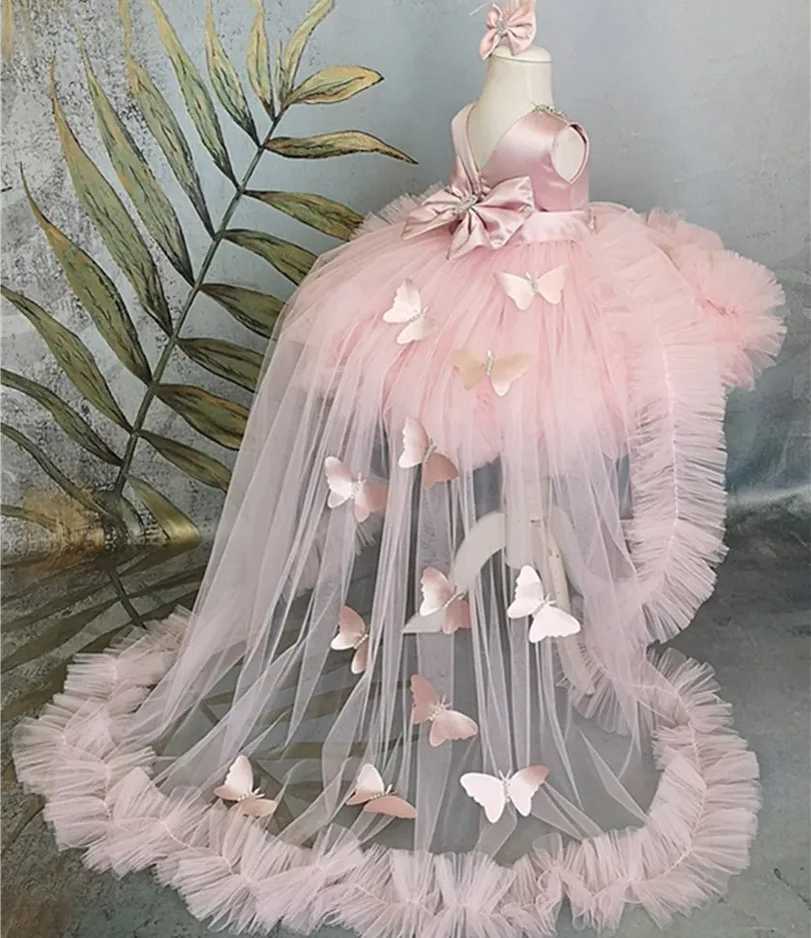 Fluffy girl pink baby dress with train flower girl dress bow cute childrens birthday dress Frist exchange W250326