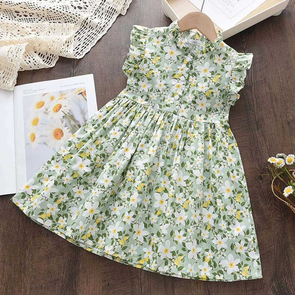 Menoea 2023 Summer Baby Girl Flower Dress Fashion Sled Flying Sleeve Flower Dress 2-6 Year Old Childrens Casual Clothing Set W250326