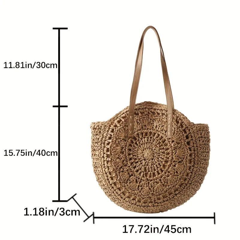 1pcs Minimalist Hollow Round Paper Rope Woven Shoulder Bag Casual Beach Tote Handbag Bohemian Style for Travel bag 250325
