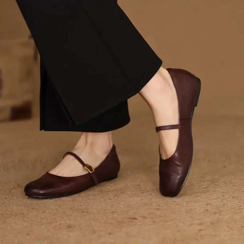 LeShion of Chanmeb Women's Real Leather Mary Jane Brown Vintage Buckle Comfort Flats Red Soft Black Ballet Shoes Ladies 40