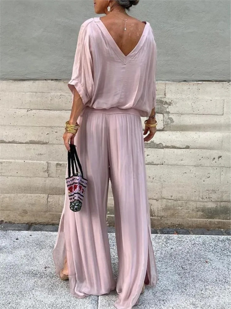 Womens sexy V-neck short sleeved top wide leg pants set summer chiffon casual set casual loose street two-piece set 250321