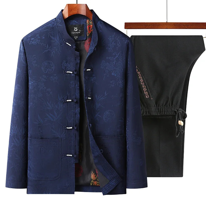 Tang style toppants autumn collection for middleaged and elderly mens clothing fathers Chinese round buckle spring grandfather set 250326