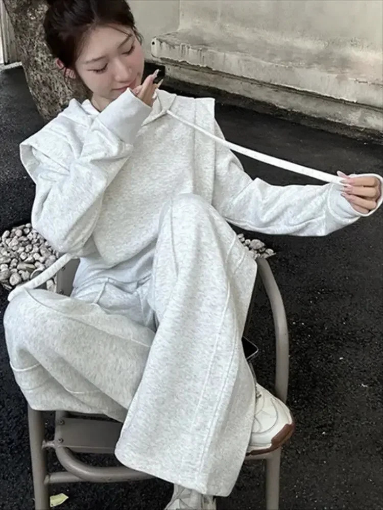 Womens casual sports hooded sweatshirt set Korean style weight loss hooded sweatshirt long pants two-piece set womens clothing 250320