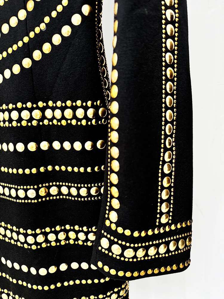 HIGH STREET Newest Fashion 2024 Designer Women's Long Sleeve Metal Beaded Stretchy Dress