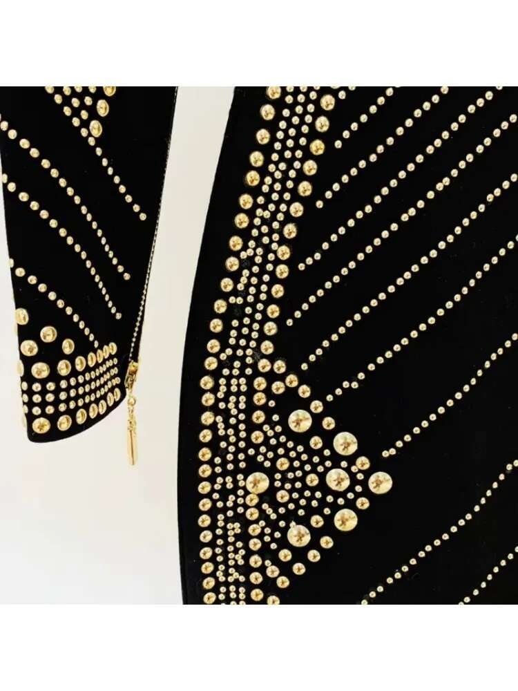 HIGH STREET Newest 2025 Designer Stylish Fashion Women Long Sleeve urious Metallic Beaded Stretchy Dress