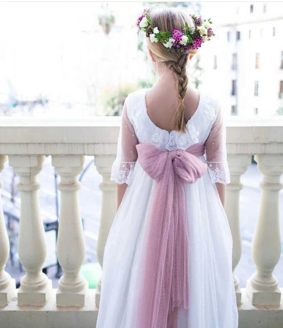Elegant pastoral first communication dress floral girl dress bow waistband thin gauze decal wedding dress childrens birthday party dress W250326