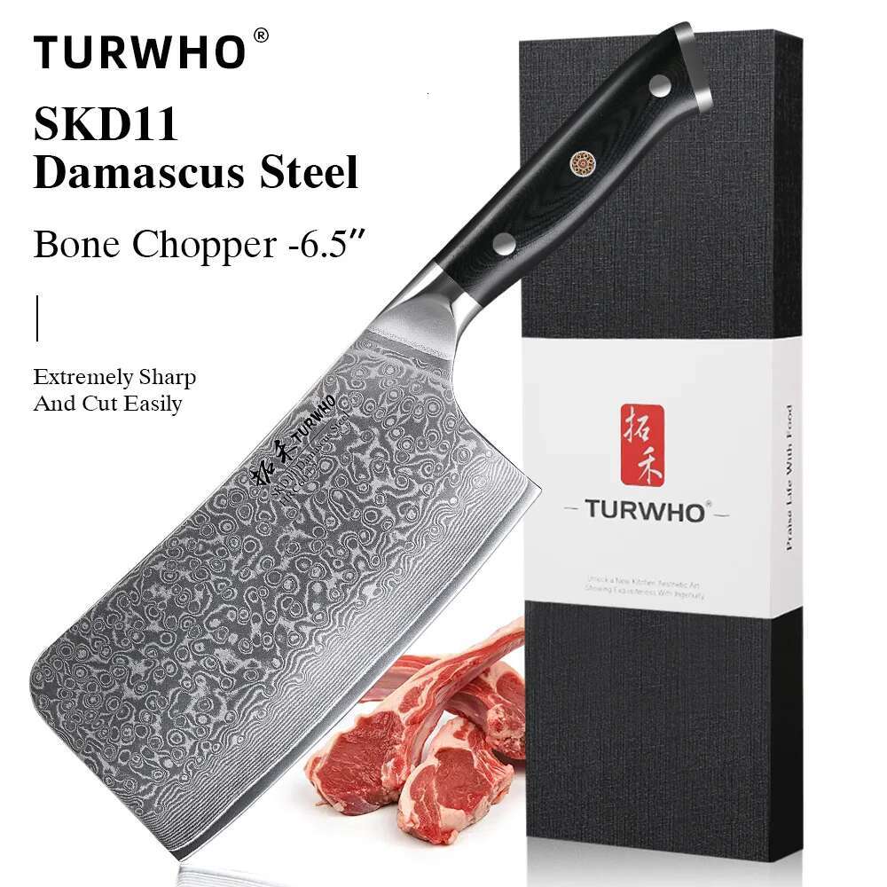 TURWHO 6.5" Bone Chopper 67 Layer Japanese Skd11 Damascus Steel Kitchen Cleaver Boning Cutting Meat Knife With G10 Handle