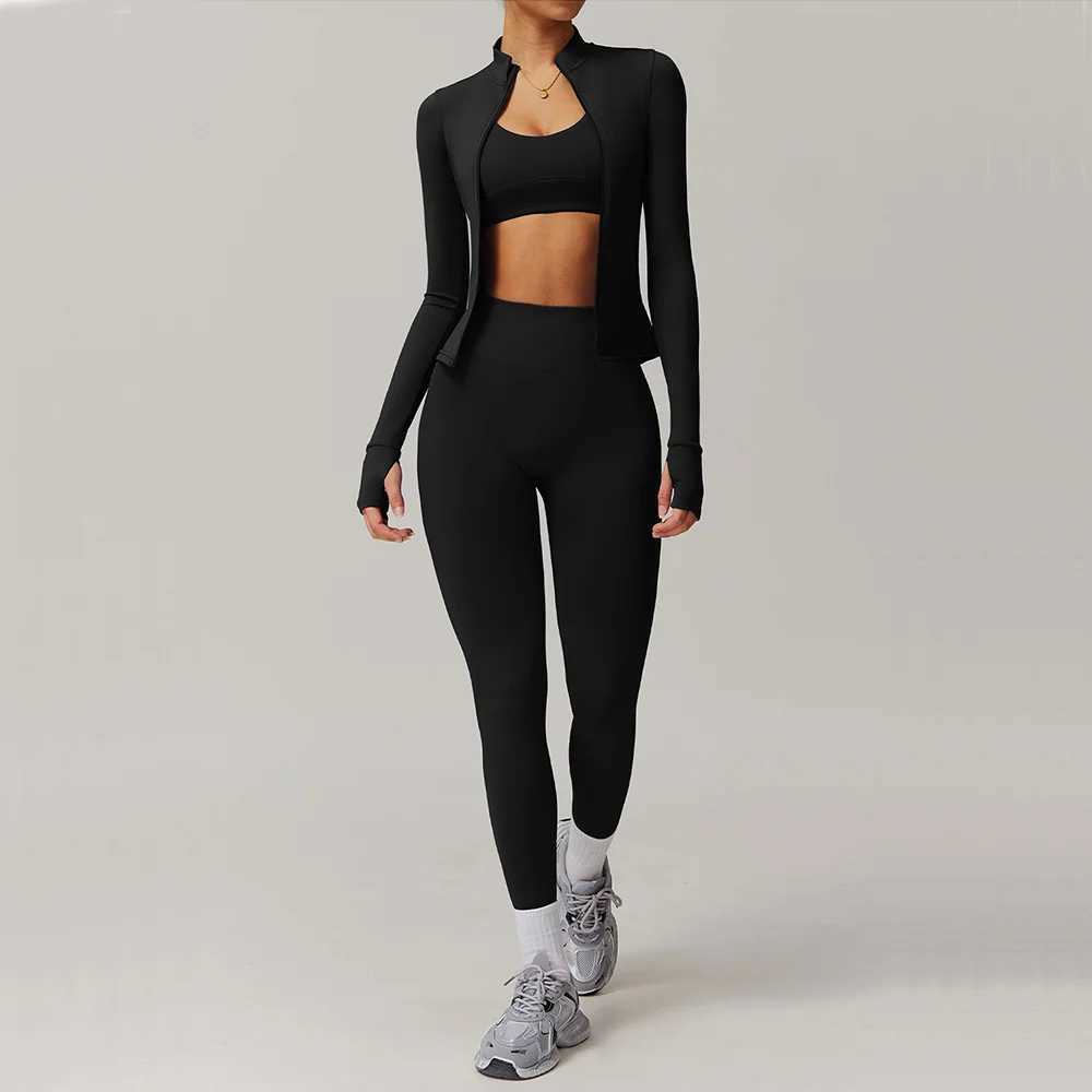 Yoga set 2PCS sports set womens gym set womens track and field suit running exercise zipper long sleeved yoga suit sportswear W250326