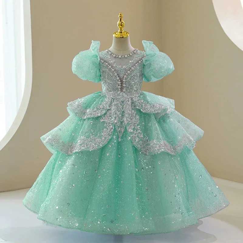 Fluffy sleeve flower girl wedding dress used for weddings children beads pleated chiffon princess Pagine dress sparkling first piece of Communion Par 