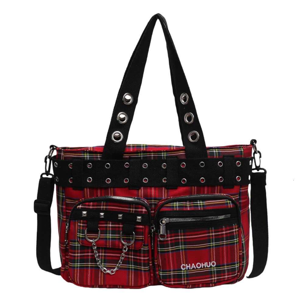 Designer Plaid Handbag Women Punk Shoulder Crossbody Bag Fashion Satchel Purse Queen Red Y2k Street For Travel Shopping 2025