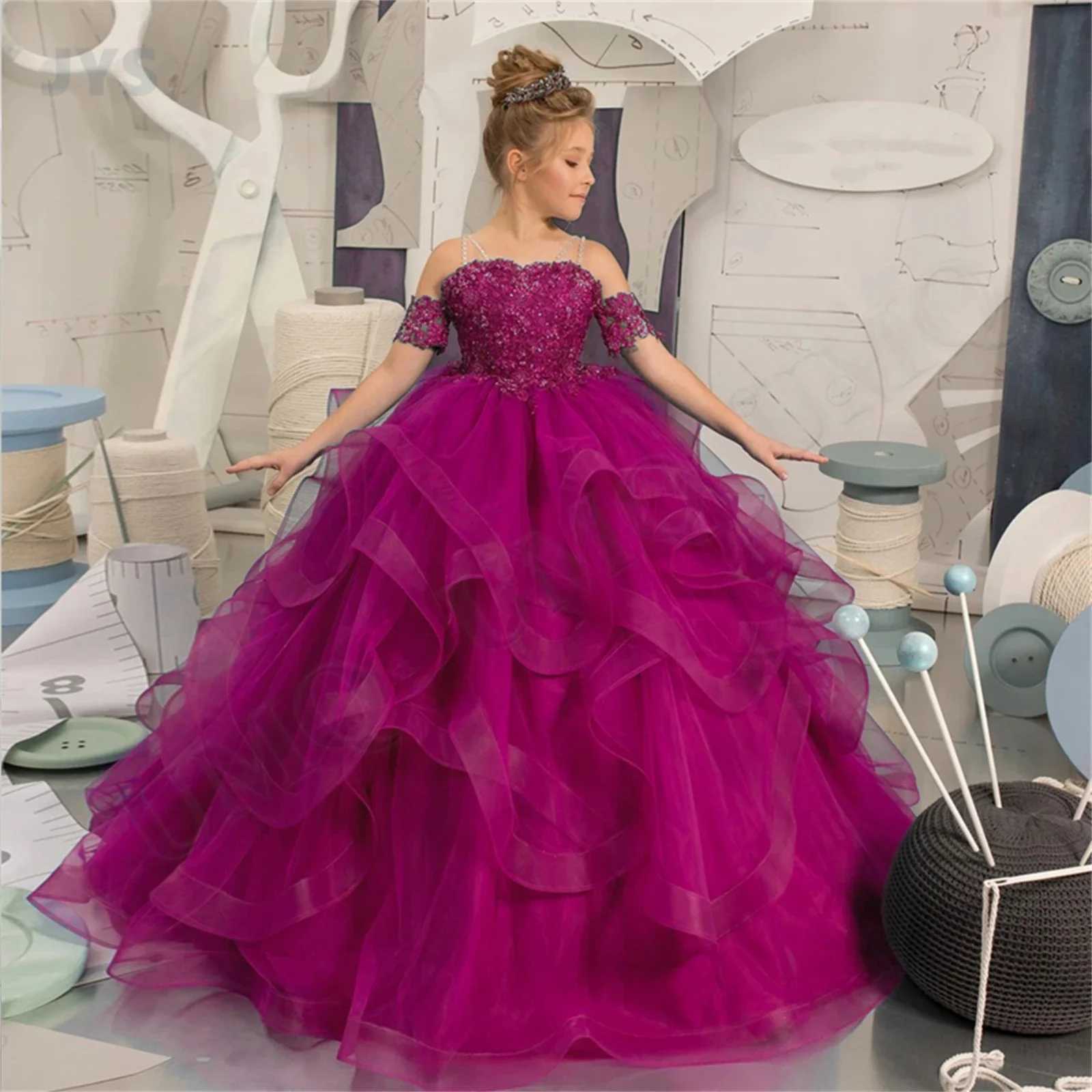 Customized floral girl dress ball dress sheer shoulder birthday wedding Par dress sweet 16 first piece of Communion dress W250326