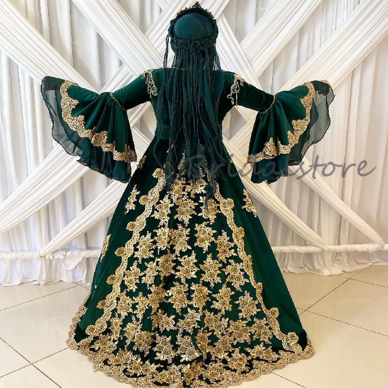 Ethnic Green Turkish Wedding Dress With Gold Lace Long Sleeve Muslim Arabian Beaded Bridal Dress 2025 Circassian Vestio De Novia Casamento Caftan Brid