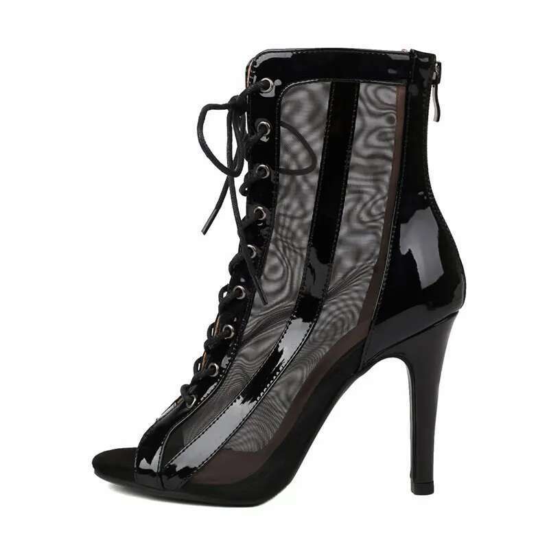 High Heel Sgesvier Lace Up Hollow Out Jazz Short Boots Breathable Mesh High Top Dance Shoes For Women Latin Dance