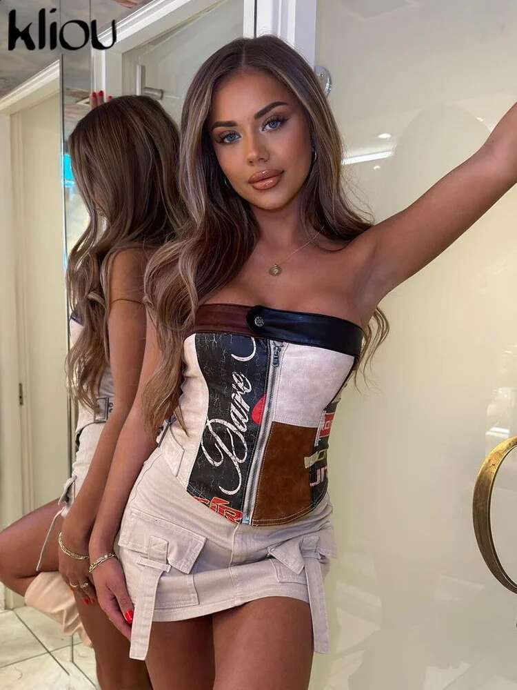 Kliou Patchwork Print Leather Zipper Crop Tops Women Sexy Wrapped Chest Botton Skinny Vest Ladies Trendy Streetwear Clothing