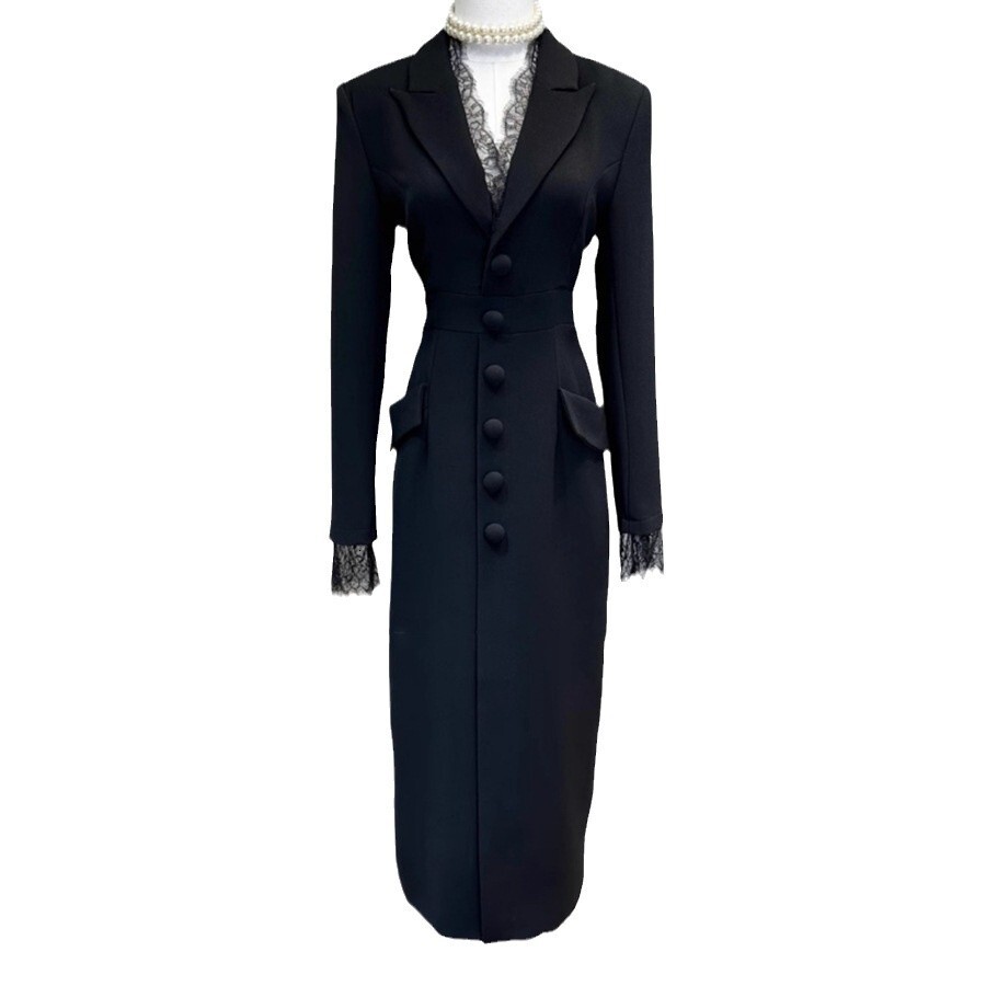 British black high-end temperament women's lace V-neck lapel single breasted mid length slit suit skirt