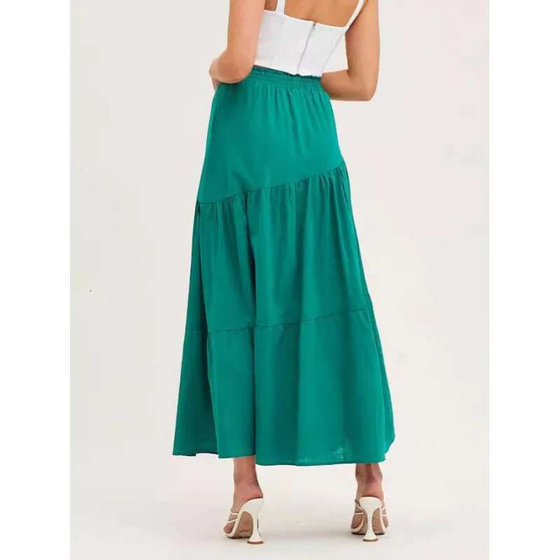 Dongdumaoyi Premium Linnen Lange Midi Rok Effen Kleur Hoge Taille Elastische A Lijn Uitlopende Plooirok