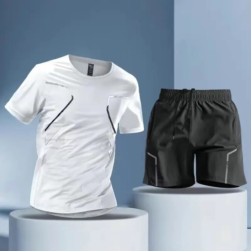Summer thin casual ice silk sports suit mens round neck short sleeved T-shirt elastic waist sprint quick drying set 250324