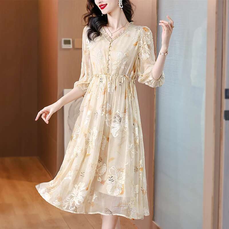 2024 Summer High end Mulberry V-neck Embroidered with Silk Charm Medium to Light A-e Long Dress