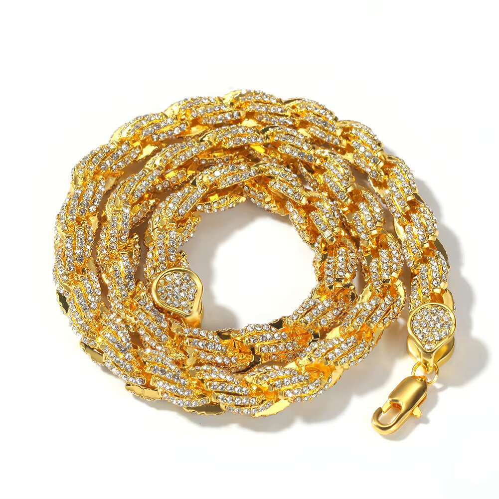 2025 Designer necklace Fashion Trendy Hip Hop Bulk Zinc Alloy 14k Solid Gold Ice Out Cz Rhinestone Crystal Diamond Cut Twist Rope Chain Necklace