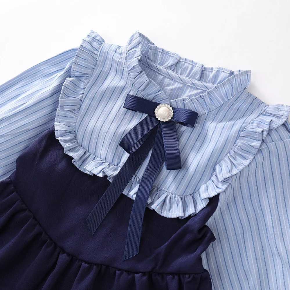 Childrens girls preparatory sled dress autumn Korean fake two-piece baby girls dress striped contrasting knot long sleeved childrens girls dress W2503