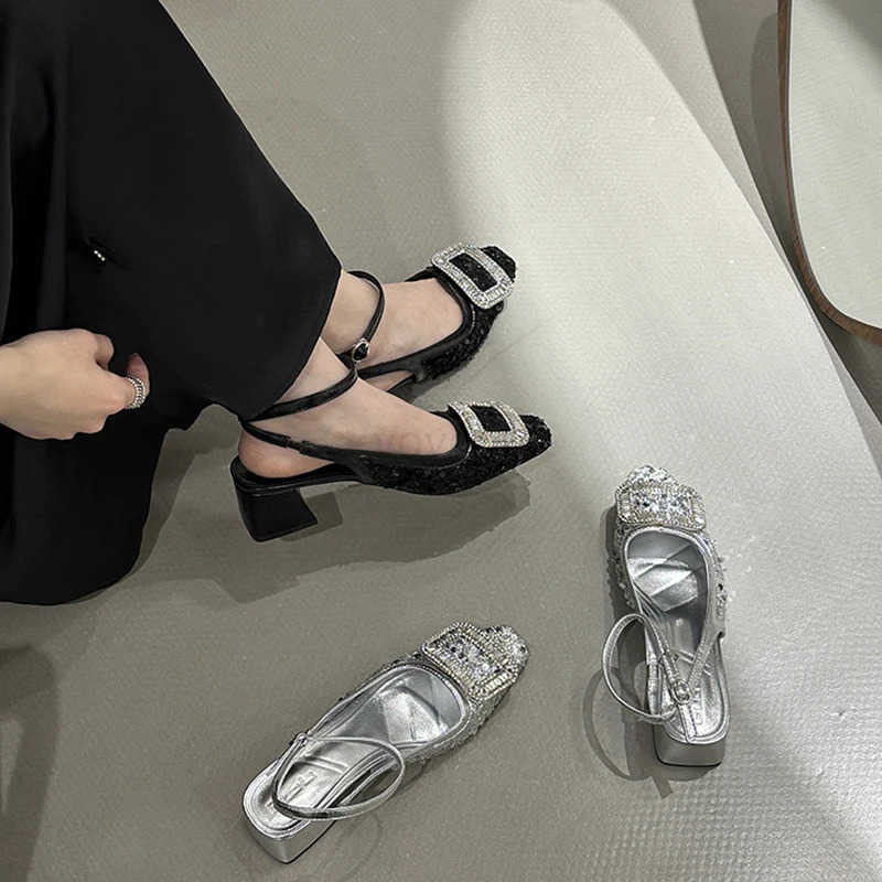 Summer High Heel Sandals Crystal Decoration Fashion Par Dress Shoes Thick Heel Sandalias for Ladies Z250326