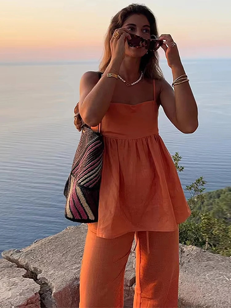 Orange brushed womens wide leg pants set elegant sleeveless pleated hem camisole top womens two-piece streetwear set 250321