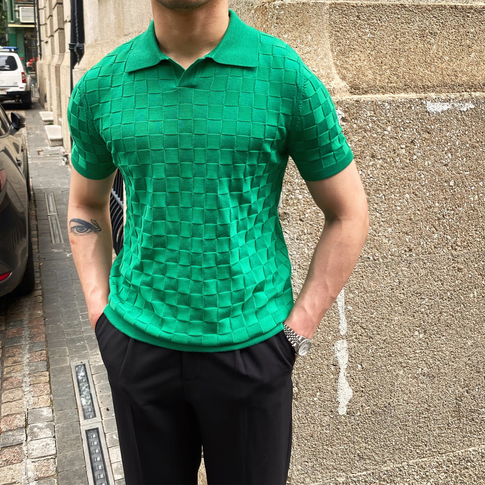 summer plain polo shirt mens short sleeved Vneck knitted lapel Tshirt top elastic slim casual business social 250326