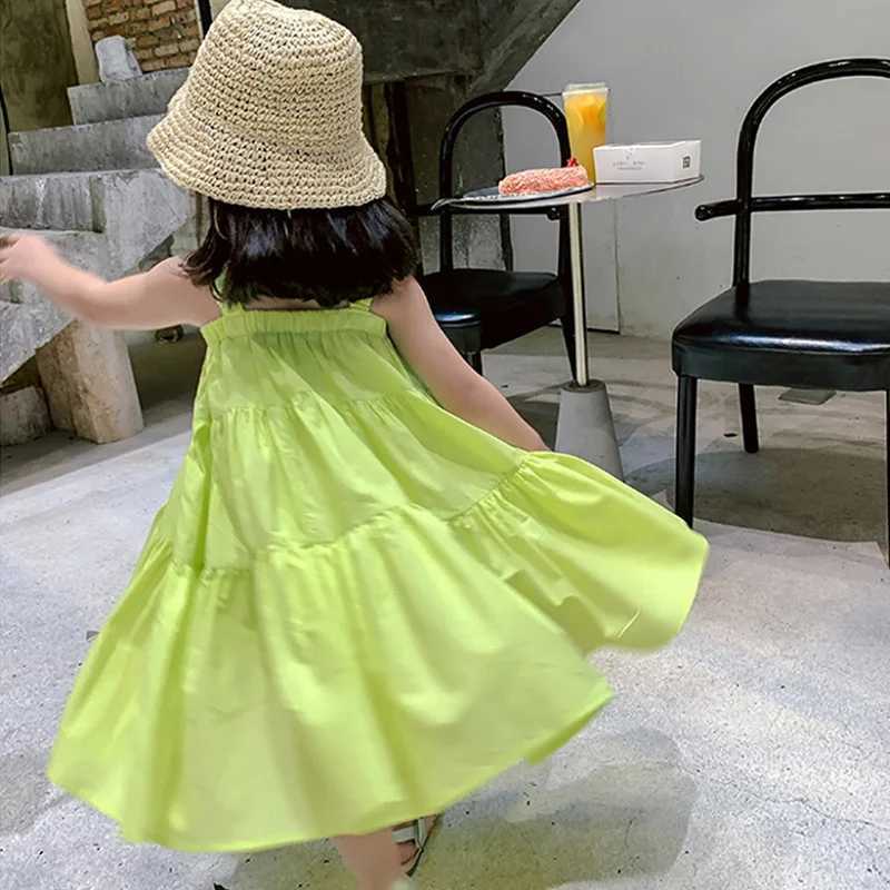 Girls Dress Summer 2024 Korea Sle Cool Casual Childrens Clothing Cake Princess Dress Baby Childrens Pendant Beach Vestdos W250326