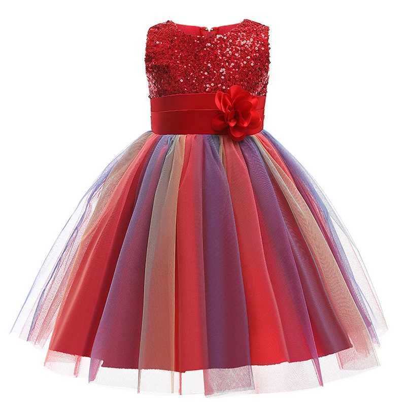 2025 sequin girl dress summer floral fashion rainbow net little princess dress piano performance costume childrens clothing W250326