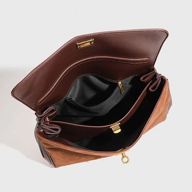 Brand Crossbody Genuine Leather Brown Suede Totes Gold Buckle Women Shoulder Bags Lady Trend Satchel