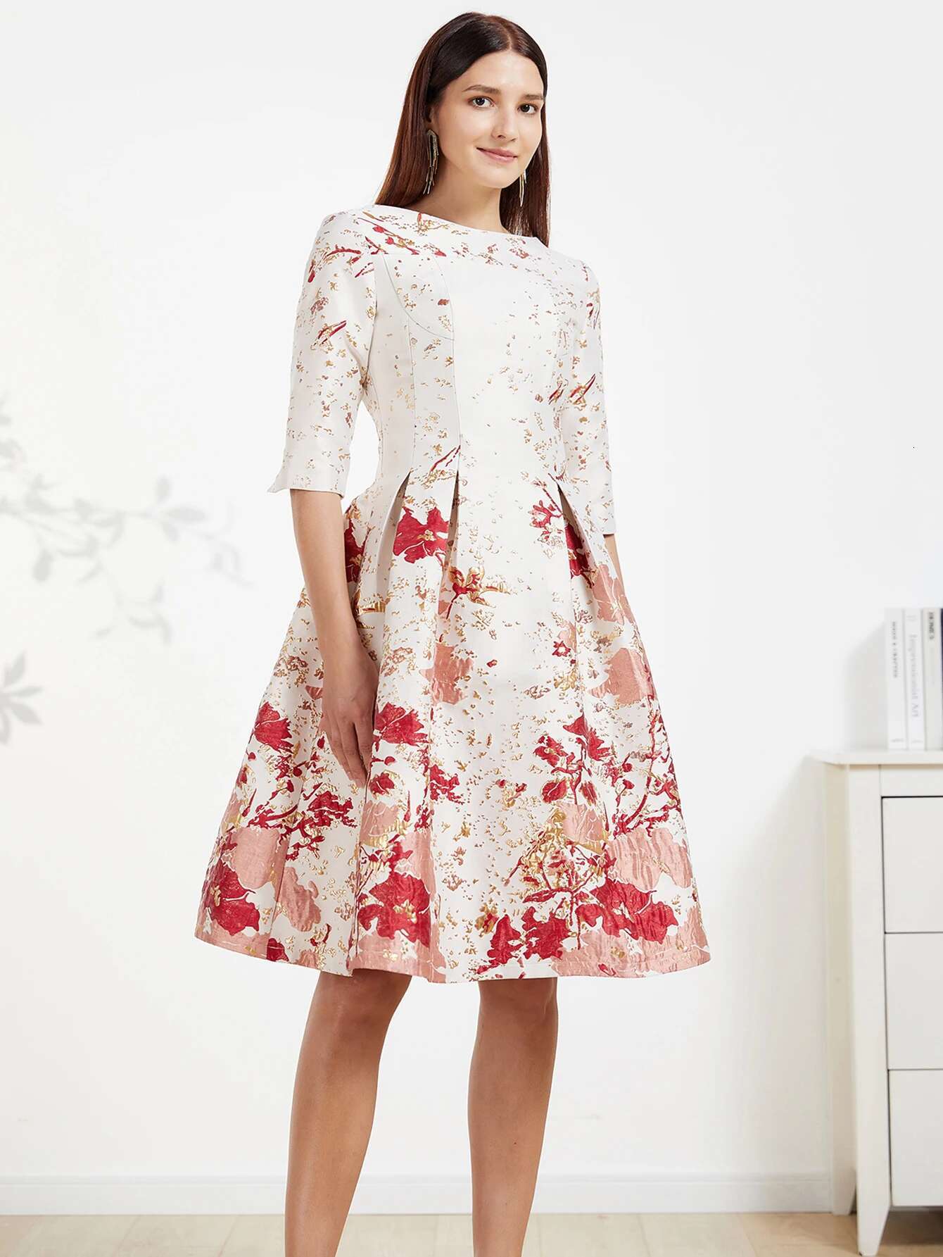 DEVCHATA New Spring Women Mid-long Jacquard ral Party Dress O-neck Ladies Fashion Formal Vestidos