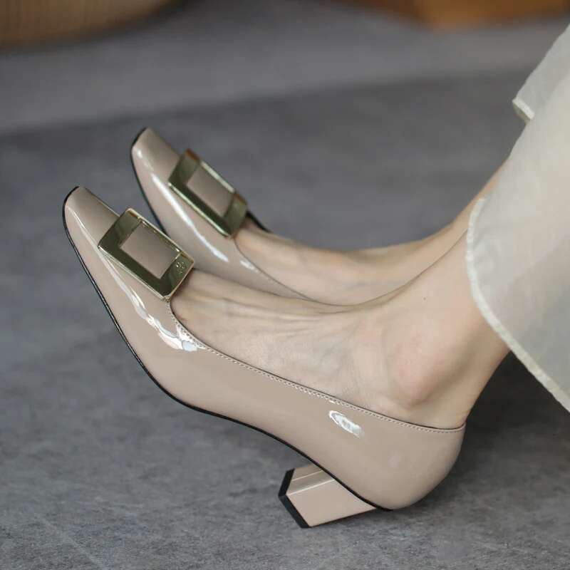 Square buckle medium heel square toe single work shallow cut high thick heels wedding shoe