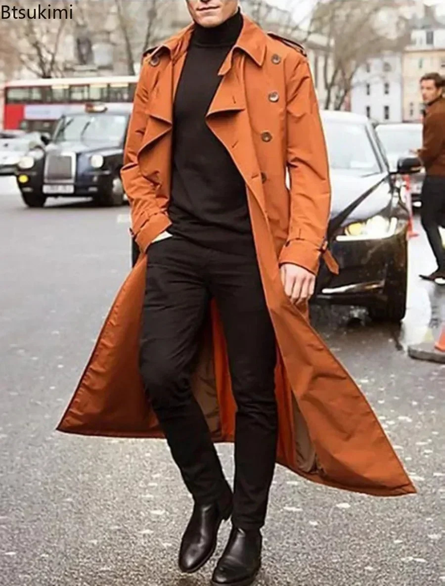 Spring and autumn mens coat retro long trench coat mens jacket coat mens business casual long solid windproof coat 250324